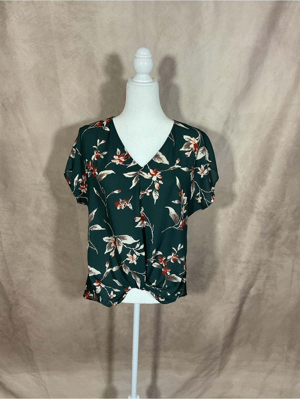 Floral V-Neck Twist-Hem Blouse - Dark Green